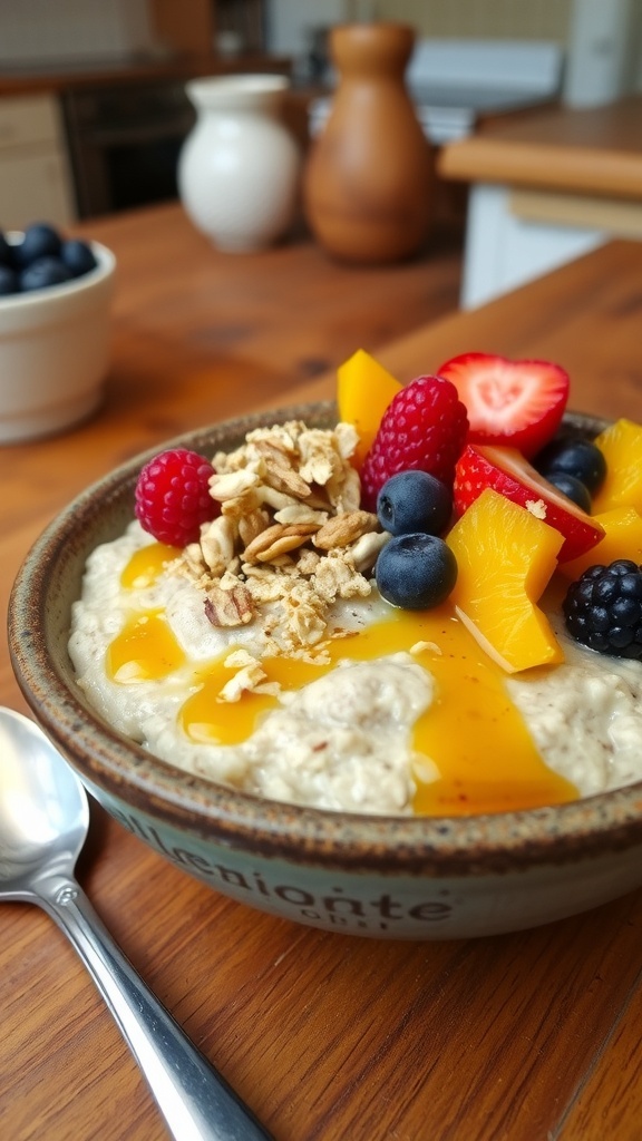 A bowl of Oat Zellige with fresh fruits and nuts on a wooden table.